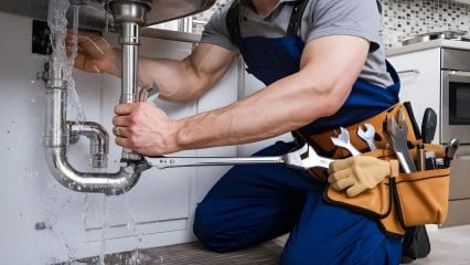 Plumber repairing pipes beneath a sink in Los Gatos